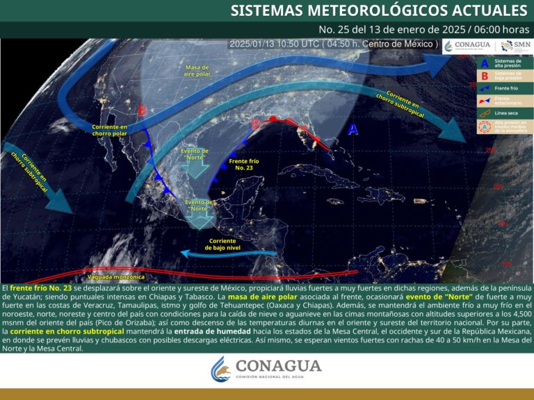 Frente frío 23 dejará lluvias fuertes en el sur del país; persistirán las heladas: CONAGUA
