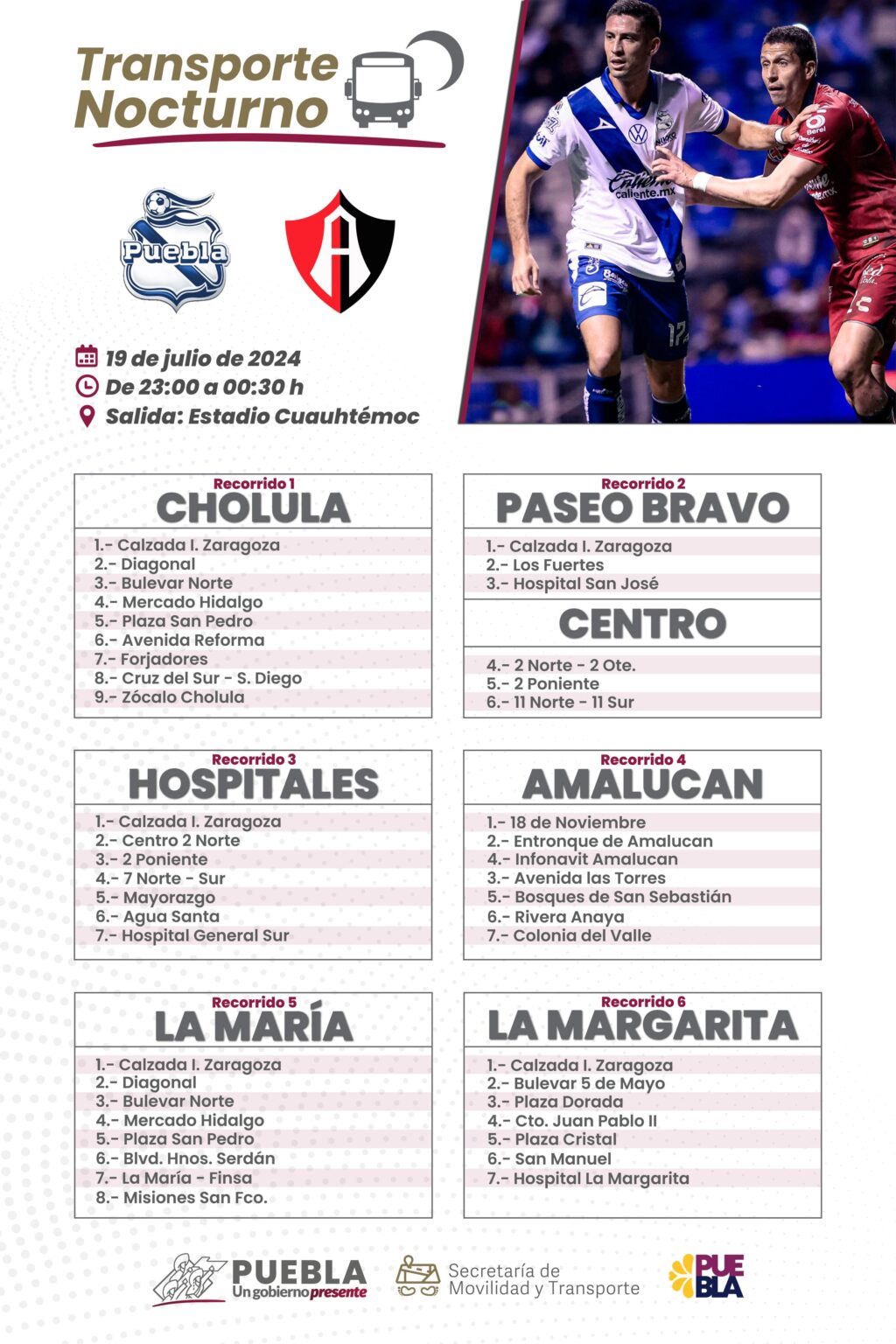 Ofrecerá SMT transporte nocturno para partido Puebla vs Atlas