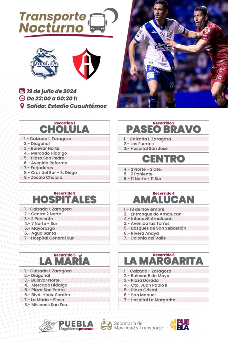 Ofrecerá SMT transporte nocturno para partido Puebla vs Atlas