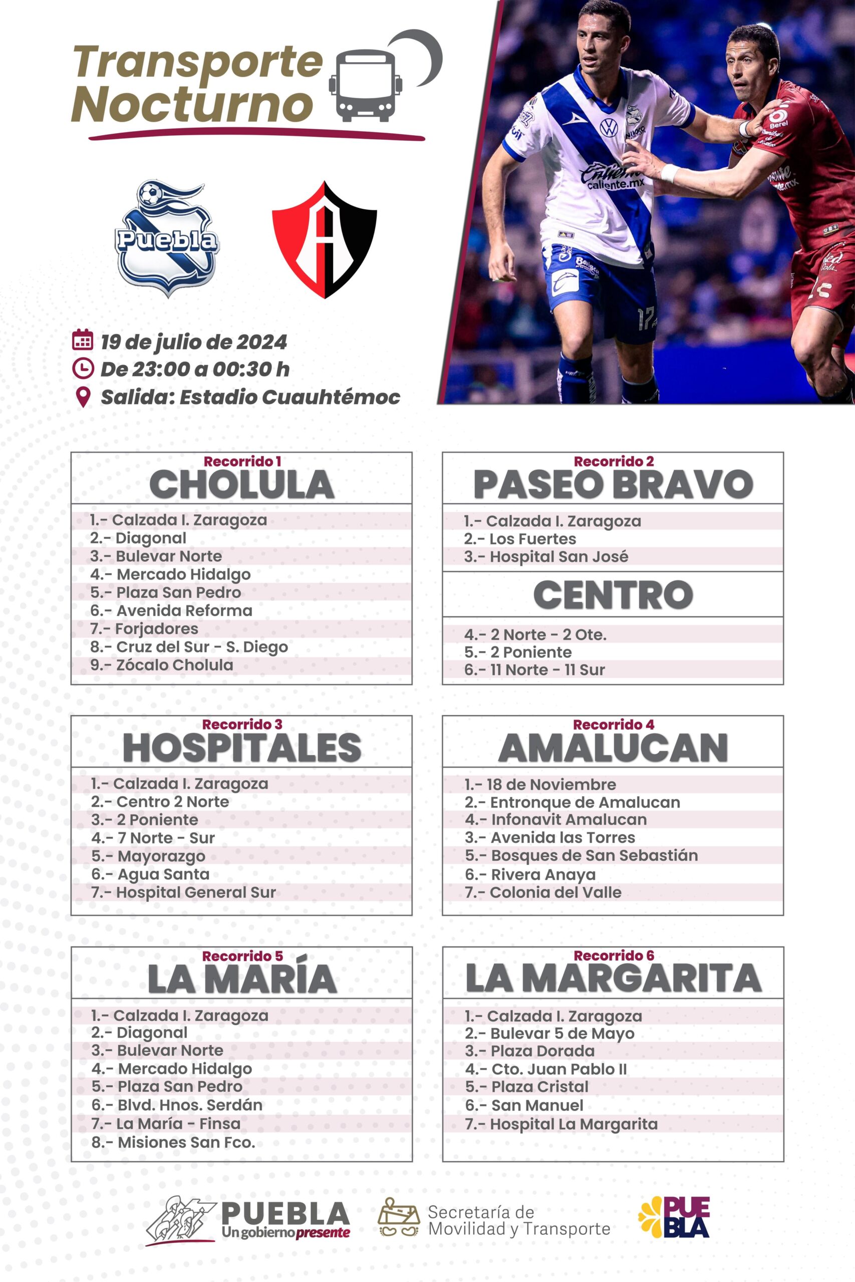 Ofrecerá SMT transporte nocturno para partido Puebla vs Atlas