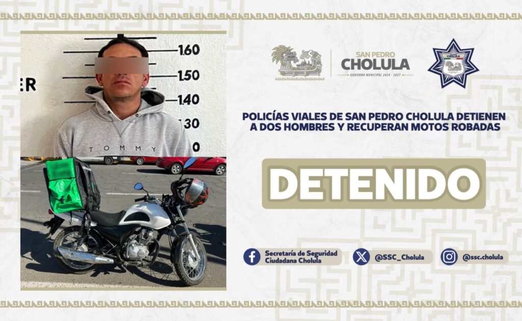 POLICÍAS VIALES DE SAN PEDRO CHOLULA DETIENEN A DOS HOMBRES Y RECUPERAN MOTOS ROBADAS