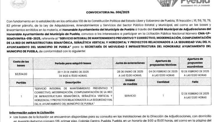 Publica Ayuntamiento de Puebla convocatoria para el mantenimiento y modernización de la red semafórica en la ciudad.