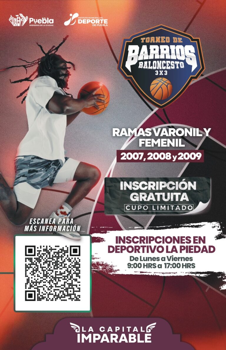 El IMDP anuncia el Torneo de Barrios de Baloncesto 3x3  •⁠  ⁠Como lo ha instruido el alcalde Pepe Chedraui, en su administración el objetivo es fomentar el deporte en la capital  Puebla, Pue. – El Gobierno de la Ciudad, encabezado por el alcalde Pepe Chedraui Budib, a través del Instituto Municipal del Deporte de Puebla (IMDP), dirigido por Ricardo Zayas Gallardo, emitió la convocatoria para el Torneo de Barrios de Baloncesto 3x3, que se llevará a cabo el 29 de marzo del presente año, con el objetivo de fomentar el deporte y la sana competencia en la capital poblana.   La invitación es para personas de colonias, juntas auxiliares, clubes deportivos, instituciones educativas (públicas y privadas) del municipio de Puebla, a formar su equipo y participar en el Torneo de Barrios de Baloncesto en Modalidad 3x3.  Las inscripciones estarán abiertas y disponibles hasta el miércoles 26 de marzo de 2025 a las 17:00 horas; se realizarán en las instalaciones del IMDP (Calle 25 Sur #1301, Col. Santa Cruz Los Ángeles). Los equipos deben descargar los formatos de inscripción y carta responsiva mediante un código QR.  Categorías y requisitos  •⁠  ⁠Edades: 2007, 2008 y 2009 (ramas femenil y varonil). •⁠  ⁠Cupo limitado a 16 equipos por categoría. •⁠  ⁠Cada equipo podrá inscribir un máximo de 4 jugadores. •⁠  ⁠Se requiere documentación oficial como INE, CURP y fotografía infantil a color.  Detalles del torneo:  •⁠  ⁠Junta previa: jueves 27 de marzo de 2025 a las 17:00 h (obligatoria para delegados  o representantes). •⁠  ⁠Fecha del torneo: 29 de marzo de 2025. •⁠  ⁠Sedes: Gimnasio Puebla Sur y Polideportivo José María Morelos y Pavón. •⁠  ⁠Sistema de competencia: Fase de grupos y eliminación directa. •⁠  ⁠Arbitraje: Cuota única de $250.00 por equipo, a cubrir en la junta previa.  Premiación •⁠  ⁠1er lugar: Trofeo, medallas y playera de campeón. •⁠  ⁠2do lugar: Trofeo. •⁠  ⁠3er lugar: Trofeo.  Finalmente, el Instituto está comprometido con seguir impulsando acciones deportivas a favor de las y los ciudadanos.