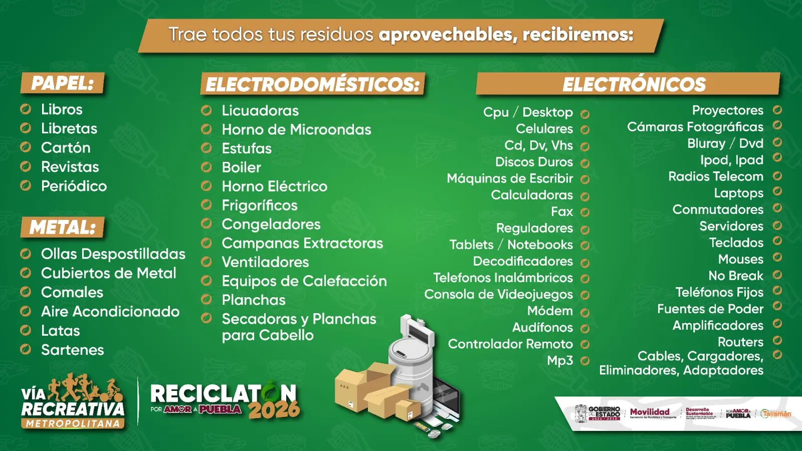 Invita gobierno estatal a Reciclatón #PorAmorAPuebla2026 en la Vía Recreativa Metropolitana